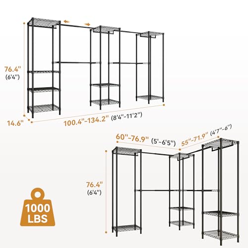 M2 Expandable Clothes Rack, Large Clothing Rack with 4 Extended Hanging Rods, Heavy Duty Garment Racks for Reach-in Closet System, Black Closet Extandable from 8'4"-11'2", Max Load 1000LBS - color: Black
