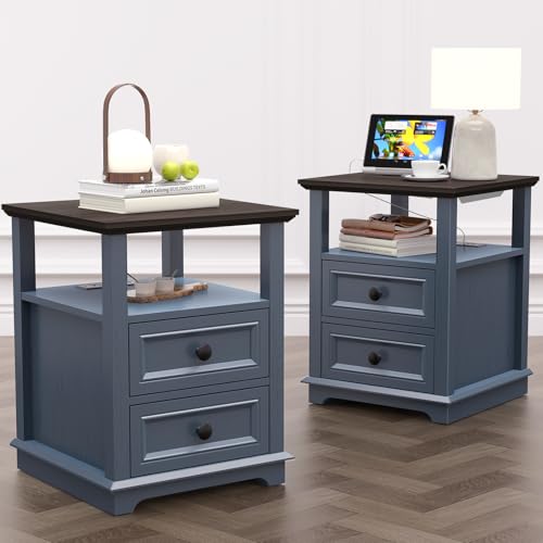 REDAYFUR 18" Wide End Table with Fast Charging Station Set of 2, 18” Wide Sofa Side Table with Drawers,End Table with Drawers for Living Room,Blue - color: Dark Blue, size: 1 Set