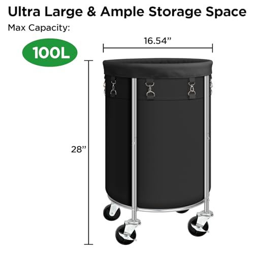Laundry Hamper with Wheels, 100L Round Rolling Laundry Basket Sorter with Removable Bag, Clothes Cart Organizer with Steel Frame for Bedroom, Bathroom, Laundry Room, Black - color: Black