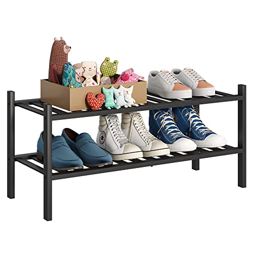 BMOSU 2-Tier Bamboo Shoe Rack Premium Stackable Shoe Shelf Storage Organizer for Hallway Closet Living Room Entryway Organizer (Black Bamboo) - color: Black Bamboo, size: 2-Tier（27*11*12.6inches）