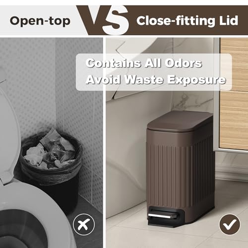 TrashAid Slim Bathroom Trash Can with Lid Soft Close, 6 Liter/1.6 Gallon Stainless Steel Small Garbage Can with Removable Inner Bucket, Step Pedal, Slim Wastebasket for Toilet, Office, Bedroom, Brown - color: Brown