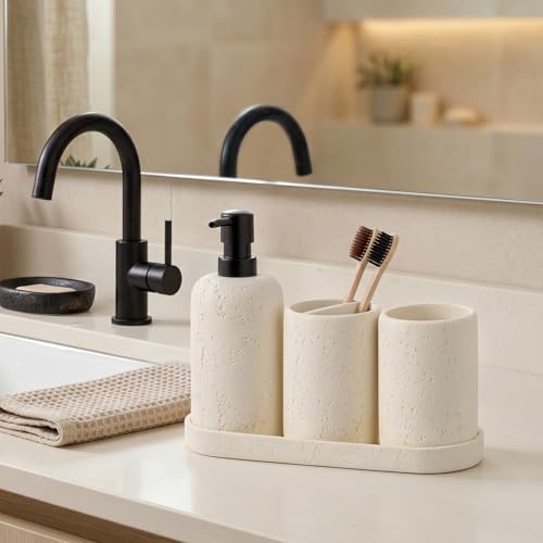 Bathroom Accessories Set, 4 Piece Travertine Stone Look Collection, Modern Bath Organizer with Soap Dispenser, Toothbrush Holder, Tumbler, Vanity Tray for Countertop Kitchen Sink (Off White) - color: Off White