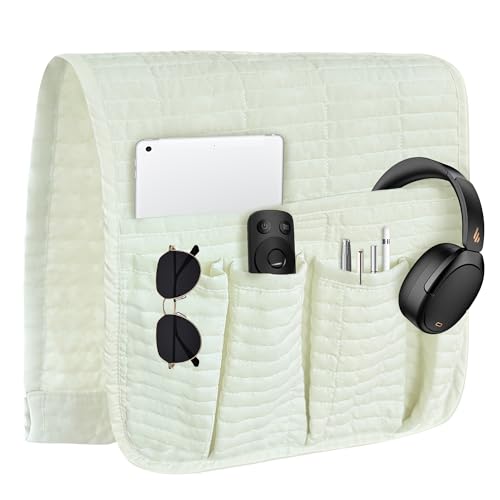 MEHIDFY Sofa Armrest Caddy, Waterproof Bedside Storage Organizer, Non Slip Armchair Pockets, Remote Control Holder for Couch, Handy Pouches with 6 Pockets for TV Remote, Phone, Magazine(White) - color: A-White