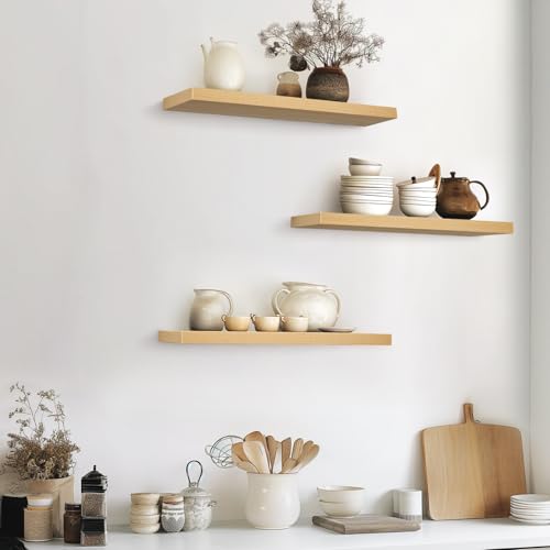 BAYKA Floating Shelves for Wall, 22.5 inches Wall Mounted Rustic Wood Shelves for Bathroom, Bedroom, Living Room, Floating Shelves for Books/Storage/Decor (Light Oak-Toned,Set of 3) - color: G. Oak-toned - Mid-century Revival Style, size: 22.5inches