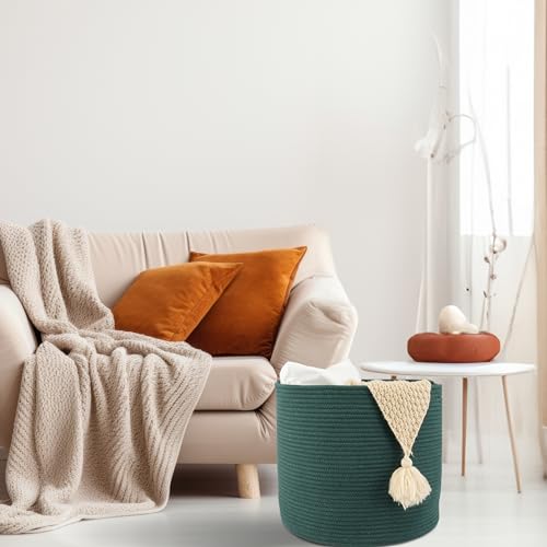 XUANGUO Cotton Rope Basket For Girls Boys Kids 16”X14” Baby Laundry Basket Nursery Bin Round Woven Baskets Organizer For Storage Toys Blankets Shoes Clothes dark green - color: dark green
