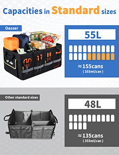 Oasser Car Trunk Organizer, 3 Compartments Collapsible Waterproof Car Organizer Storage with Foldable Cover, Reflective Strip, Non-Slip Bottom, 4 Mesh Pockets for SUV/Truck/Sedan/Camping/Road Trip - color: Black, size: Standard