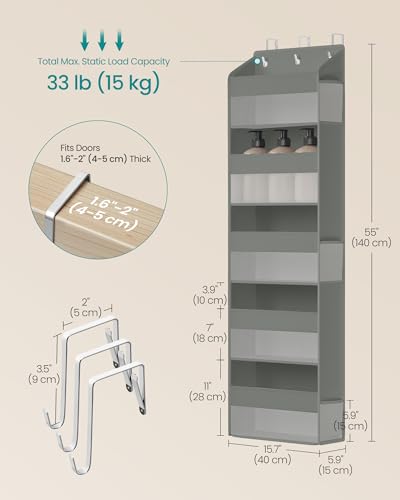 SONGMICS Over-the-Door Organizer, 5-Tier Door Hanging Storage Shelf, Heavy-Duty Closet Hanging Organizer Foldable, Transparent, Pockets, Metal Hooks, Dove Gray URDH010GD01 - color: Dove Gray