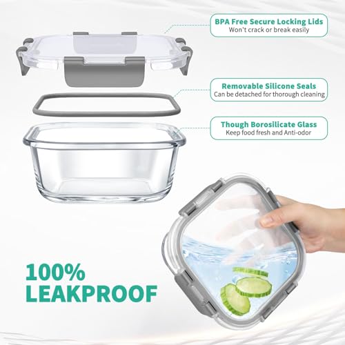 34-Piece Glass Food Storage Containers with Lids - (17 Containers & 17 Lids) - Airtight Glass Meal Prep Containers with Sauce Cups - Leakproof, BPA-Free, Microwave, Oven & Freezer Safe - Grey - color: Grey