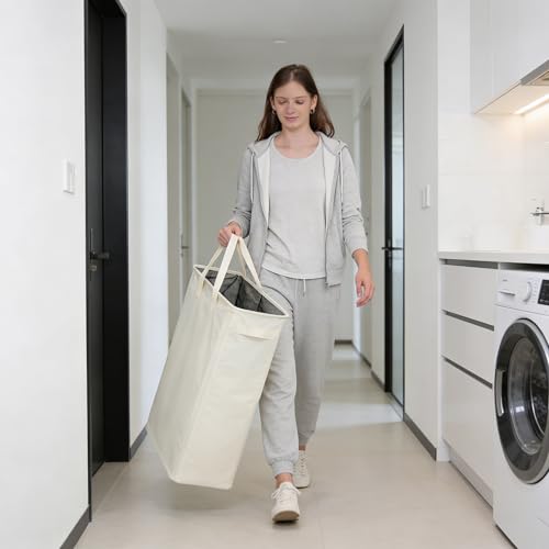 ZERO JET LAG Slim Laundry Hamper With Handles Collapsible Laundry Basket Thin Dirty Clothes Basket Narrow Laundry Bag Foldable Dirty Clothes Hamper 45L (23 inches,Beige) - color: Beige