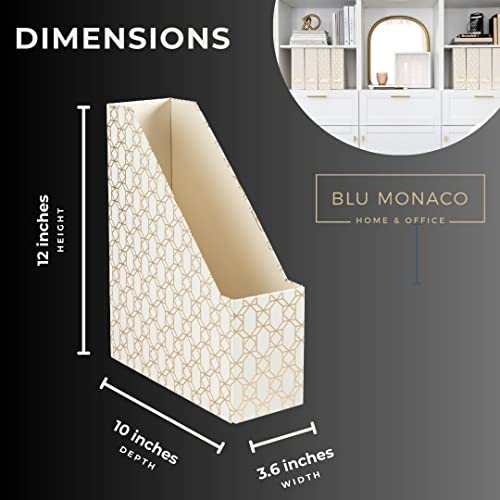 BLU MONACO | Cardboard Magazine File Holder Set of 4 | Vertical Magazine File Holder for Desk and Shelves | Cream Gold Foldable Magazine Holders with Label Slots - color: Cream Gold Woven