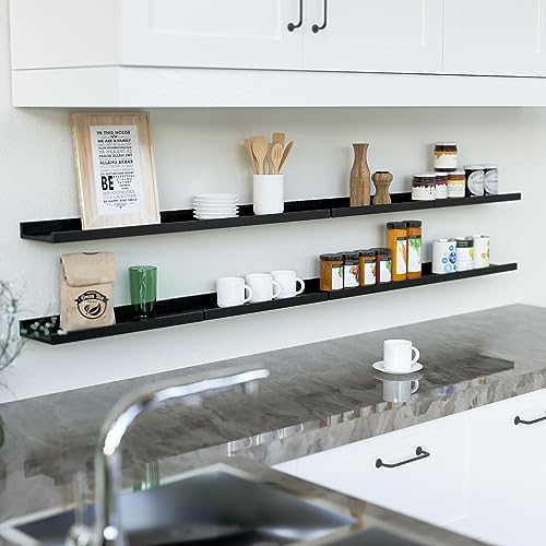 RICHER HOUSE 8 Set Floating Wall Mounted Shelves, Nursery Hanging Book Shelves with Lip for Storage, Black Display Picture Ledge Shelf for Bedroom Bathroom Kitchen Living Room Wall Decor, Modern White - color: Black, size: 8pcs*15.75in