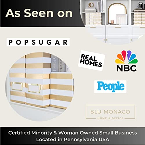 BLU MONACO | Cardboard Magazine File Holder Set of 4 Gold White Stripes | Vertical Magazine File Holder with Label Slots | Standing File Holder and Cardboard Bins for Shelves Desk Classroom - color: White Gold Stripes