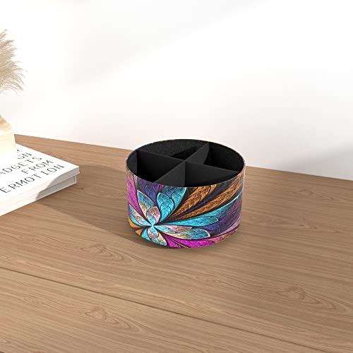 Hennaja Round Leather Art Supply Organizer,Remote Control Holder,360 Degree Rotating,Multi-Functional Pencil Holder,4 Compartments Desktop Stationary Organizer(1-Fractal Flower) | Round, 360 Degree Rotating, Multi-Functional, Desktop - color: 1-Fractal Fl