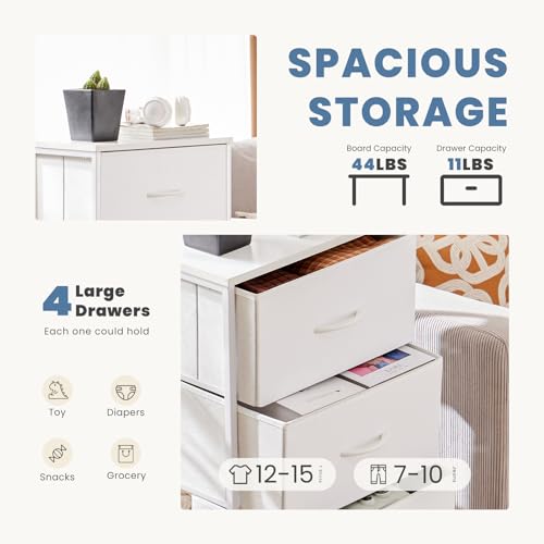 DUMOS Nightstand with 4 Drawers Bedside Table with Removable Fabric Bins Sturdy Steel Frame Wood Top Organizer Furniture for Bedroom Closet Living Room - color: White, size: 11.8"D x 17.7"W x 37.4"H (4 Drawers)