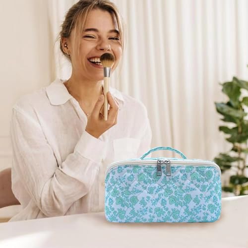 Green Large Quilted Floral Makeup Bag Cute Coquette Aesthetic Cosmetic Bag Open Flat Travel Toiletry Make up Bag for Women - color: C-lay flat green