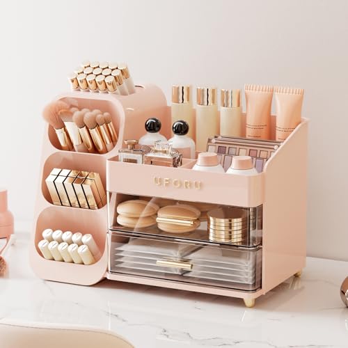 Makeup Organizer for Vanity with Brush Holder, Large Plastic Bathroom Countertop Skincare Organizer with 2 Drawers, Spacious Cosmetic Display Case for Perfumes, Eyeshadow Palettes, Nail Polishes - color: Pink, size: Large