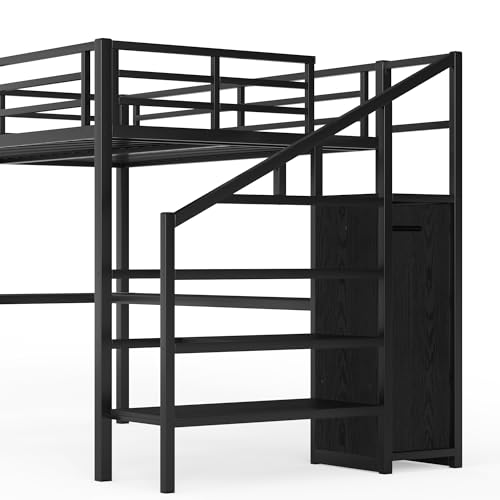 Bellemave Full XL Size Metal Loft Bed with L Shaped Desk and Wardrobe, Heavy Duty Loft Bed Frame with Storage Stairs, LED Loft Bed Frame with Charging Station & Safety Guardrails, Black - color: Black, size: Full XL