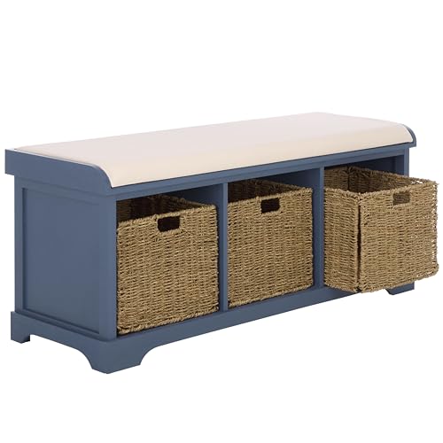 SAFAVIEH Home Collection – Lonan Blue Storage Bench with Seat Cushion, 3 Basket Drawers, Coastal Farmhouse Entryway Design (AMH5733H) - color: Blue