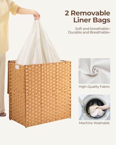 Greenstell Laundry Hamper with lid, No Install Needed, 110L Wicker Laundry Baskets Foldable 2 Removable Liner Bags, 2 Section Clothes Hamper Handwoven Rattan Laundry Basket with Handles, Natural - color: Natural, size: 110L (22.2x13.3x24.0 Inches)