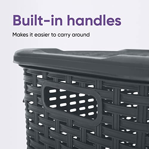 Plastic Laundry Hamper with Lid Laundry Hamper Basket, Grey Tall Cloths Hamper Organizer with Cut-out Handles. Space Saving for Laundry Room Bedroom Bathroom, Wicker Design 60 Liter - color: Grey, size: 1-pack
