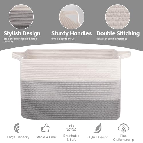 OIAHOMY Extra Large Blanket Basket, 110L Cotton Rope Woven Laundry Basket, Toy Bin for Baby Room, Container for Blanket Storage in Living Room, 24.8''×17.3''×15.8'', Gradient Grey - color: Gradient Grey, size: 110L