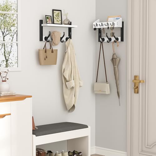 Evermagin 29" Coat Rack Wall Mount with Shelf, 4 in 1 Coat and Key Hanger with 11 Metal Hooks, Entryway Wall Mounted Shelf with Mail Holder for Living Room, Bedroom, White - color: White, size: 29 inch