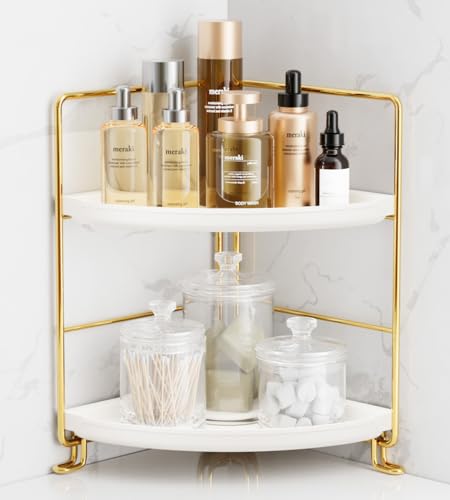 FSyueyun 2-Tier Corner Bathroom Counter Organizer, Tool-Less Installation Vanity Shelf Small Plastics Countertop Makeup Tray Skincare Perfume Organizers (Gold) - color: Gold