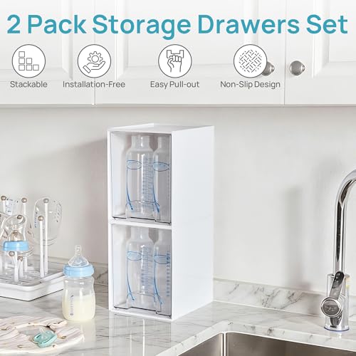 Vtopmart 2 Pack Stackable Storage Drawers, Plastic Organizers Bins for Baby Bottles, Skincare, Beauty Supplies, Ideal for Vanity, Bathroom, Kitchen Countertop, Cabinet Orga - style: 2pack High White