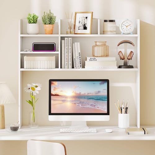 Tangkula Desktop Bookshelf for Computer Up to 32”, 37” Countertop Storage Hutch with 6 Storage Shelves, 3-Tier Desktop Organizer Display Rack, Wooden Desk Hutch for Dorm Home Office (White) - color: White, size: 6 Shelves
