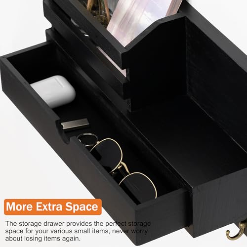 dreampossible Key and Mail Holder for Wall, Mail Organizer Wall Mount with 6 Hooks and Storage Drawer, Wooden Key Rack Hanger with Shelf for Entryway and Home Decor - color: Black, size: Large(13.4''x8.7'')