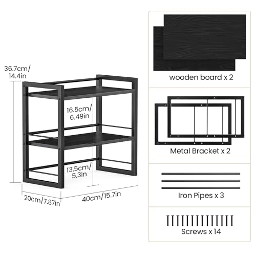 Office Desk Shelf Organizer, Wood Desktop Bookshelf Supplies Storage Rack, Shelf for Top of Desk and Dresser (Pure Black-2 Tier) - color: Pure Black