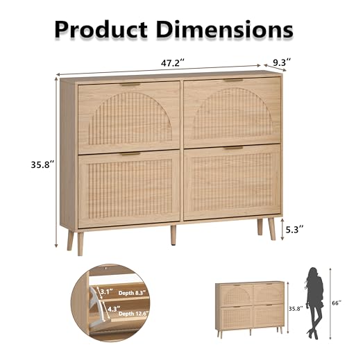 BORNOON Shoe Cabinet for Entryway with 4 Flip Drawers, Slim Wooden Shoe Storage Organizer with Modern Fluted Pannel，Freestanding Narrow Hidden Shoe Rack for Hallway, Foyer, Living Room - color: Oak, size: 4 Flip Drawers