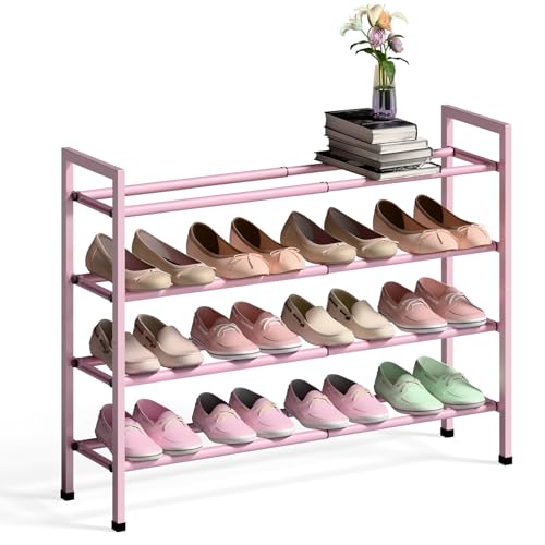 Bumusty 4-Tier Expandable Shoe Rack for Closet, 18“-33” Adjustable Shoe Rack for Small Space, Small Shoe Organizer for Front Door, Sturdy Metal, Pink - color: Pink, size: 4-Tier