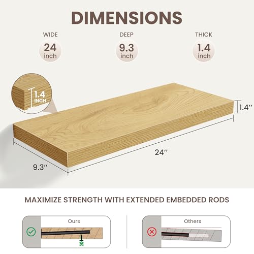 24 Inch Floating Shelves for Wall Decor,9.3" Deep Floating Shelf Wall Book Shelves,Large Display Storage Shelf,Wall Mounted Shelves with Invisible Bracket for Living Room,Bedroom,Bathroom,Kitchen,Oak - color: Oak, size: 24 Inch,Set of 2