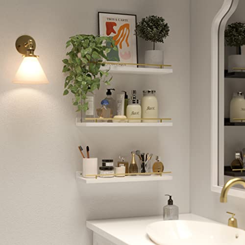 WOPITUES Floating Shelves with Gold Metal Guardrail, Shelves for Wall Decor Set of 3, Wall Shelves for Bedroom, Bathroom, Kitchen, Living Room, Plants, Picture Frames, Art- White and Gold - color: White and Gold, size: 15.7 inch