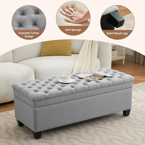 WUTUTUEE 51" Fabric Storage Ottoman Bench, Upholstered Rectangle End of Bed Storage Ottoman Tufted Living Room Bedroom Bench with Safety Hinge, Solid Wood Legs, Loads 500 lb(Light Grey) - color: Light Grey-fabric
