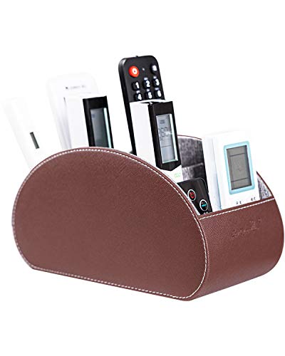 Remote Control Holders Organizer Box with 5 Compartment PU Leather Multi-functional Office Desk Storage Caddy Store Tv Remote for Media Player,Brush,Pencil,Glassees&Office Supplies (Dark Brown) - color: Dark Brown, size: M