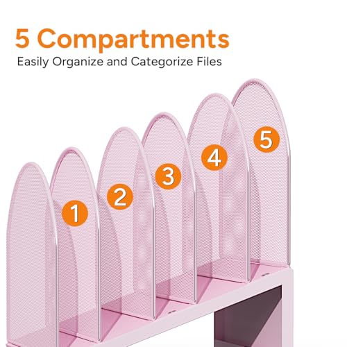 5-Section Desk File Organizer, Metal Mesh Folder Organizer for Documents, Mail & Office Papers (Pink) - color: Pink