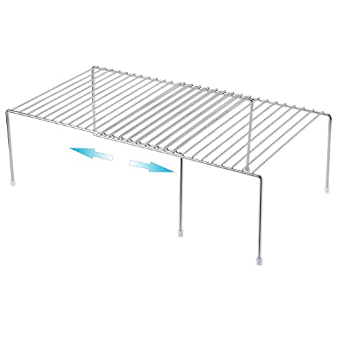 iPEGTOP Expandable Kitchen Cupboard Organiser, 2-Piece Adjustable Freezer Cabinet Storage Wire Shelf Rack Rustproof Metal Shelves Space Saver for Countertop Pantry Drawer Utensils - color: Chrome