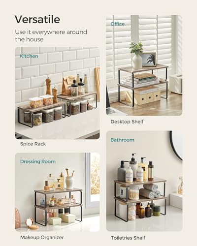 SONGMICS Cabinet Organizer Shelf, Set of 4 Kitchen Counter Shelves, Kitchen Storage, Spice Rack, Stackable, Expandable, Metal and Engineered Wood, Ink Black and Heather Greige UKCS022X02 - color: Ink Black + Heather Greige, size: 15.6"W