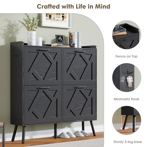 Nicetree Shoe Cabinet with 4 Flip Drawers, Hidden Shoe Rack Cabinet with Metal Legs, Farmhouse Narrow Shoe Storage Cabinet for Entryway, Foyer, Hallway, Black with Hook - color: Black, style: 4-Drawers