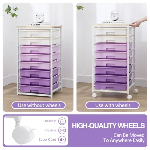 SYKIARIOL Rolling Cart with Drawers,Utility Cart With 8 Drawers and Wooden Tabletop for Living Room,Classroom,Bedroom,Bathroom,Dorm,Office,Purple - color: Purple