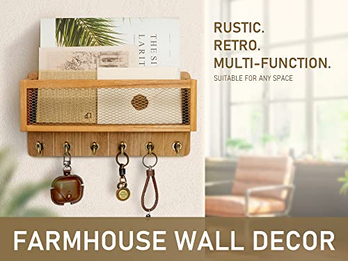 Rebee Vision Farmhouse Key and Mail Holder for Wall with Mesh Mail Basket : Decorative Mail Organizer Wall Mount with 6 Retro Key Hooks - Rustic Home Decor for Entryway (Light Brown) - color: Yellow