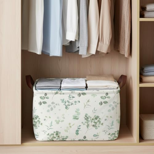Sage Green Storage Basket Waterproof Canvas Toy Storage Bin Home Decor Collapsible Outdoor Basket with Leather Handles Sage Green Blanket Baskets For Closets,Bedrooms,Gifts Baskets - color: Sage Green