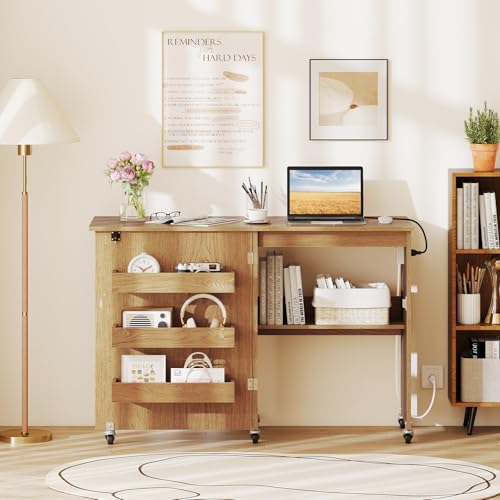 Giantex Folding Sewing Table with Charging Station, Rolling Craft Table with Storage Trays & Shelf, Foldable Sewing Machine Cabinet Desk with Lockable Wheels for Small Spaces (Natural) - color: Natural