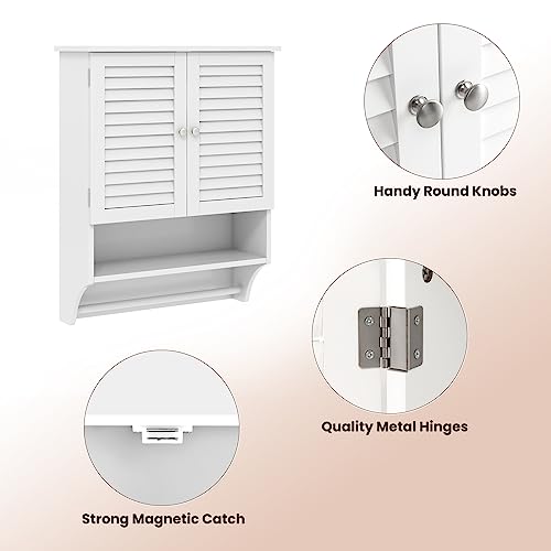 Tangkula Wall Mounted Bathroom Cabinet with Open Shelf & Bar, Medicine Cabinet with Double Louvered Doors, Wall Storage Cabinet with Adjustable Shelf, for Bathroom Living Room Kitchen (White) - color: White