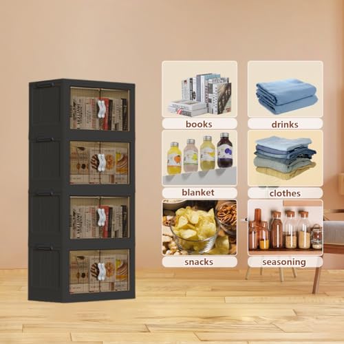 131QT 4 Tier Stackable Storage Bins with Lid & Door, 32 Gal Collapsible Plastic Storage Containers with Locking Wheel, Space Saving Foldable Organizer for Home Bedroom Office Gray 4T - size: 131Qt/32Gal-4Packs/1Top Lid