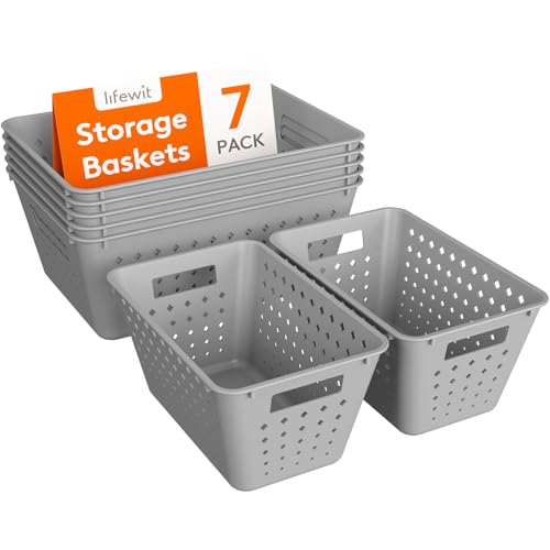 Lifewit Plastic Storage Basket, 7 Pack Stackable Storage Bins for Organizing, Multi Size Open Containers for Shelving, Pantry, Office and Cabinet, 5 Large and 2 Small Size, Gray - color: Gray, size: 5 Large and 2 Small
