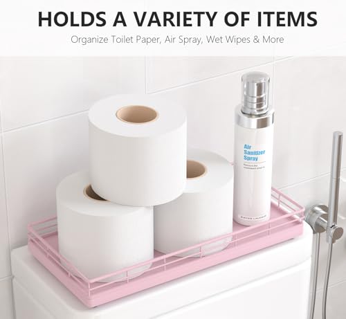 Toilet Paper Basket Organizer – Oak Wood Toilet Tank Tray with Metal Frame, Bathroom Counter Top Storage for Toilet Paper, Wipes & Decor, Modern Narrow Back of Tank Shelf Organizer, Pink - color: Pink, size: 13" x 6.5" x 2"