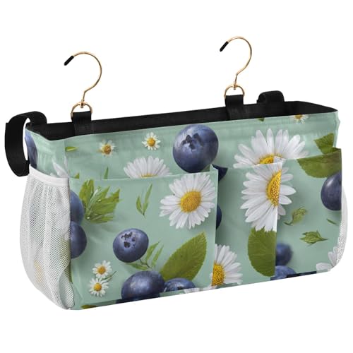 Bedside Caddy Metal Frame Hanging Organizer Bunk Bed Dorm Accessories Hook And Loop Storage Bag Large Pockets Blue Blueberries and Daisies - color: Blue Blueberries and Daisies